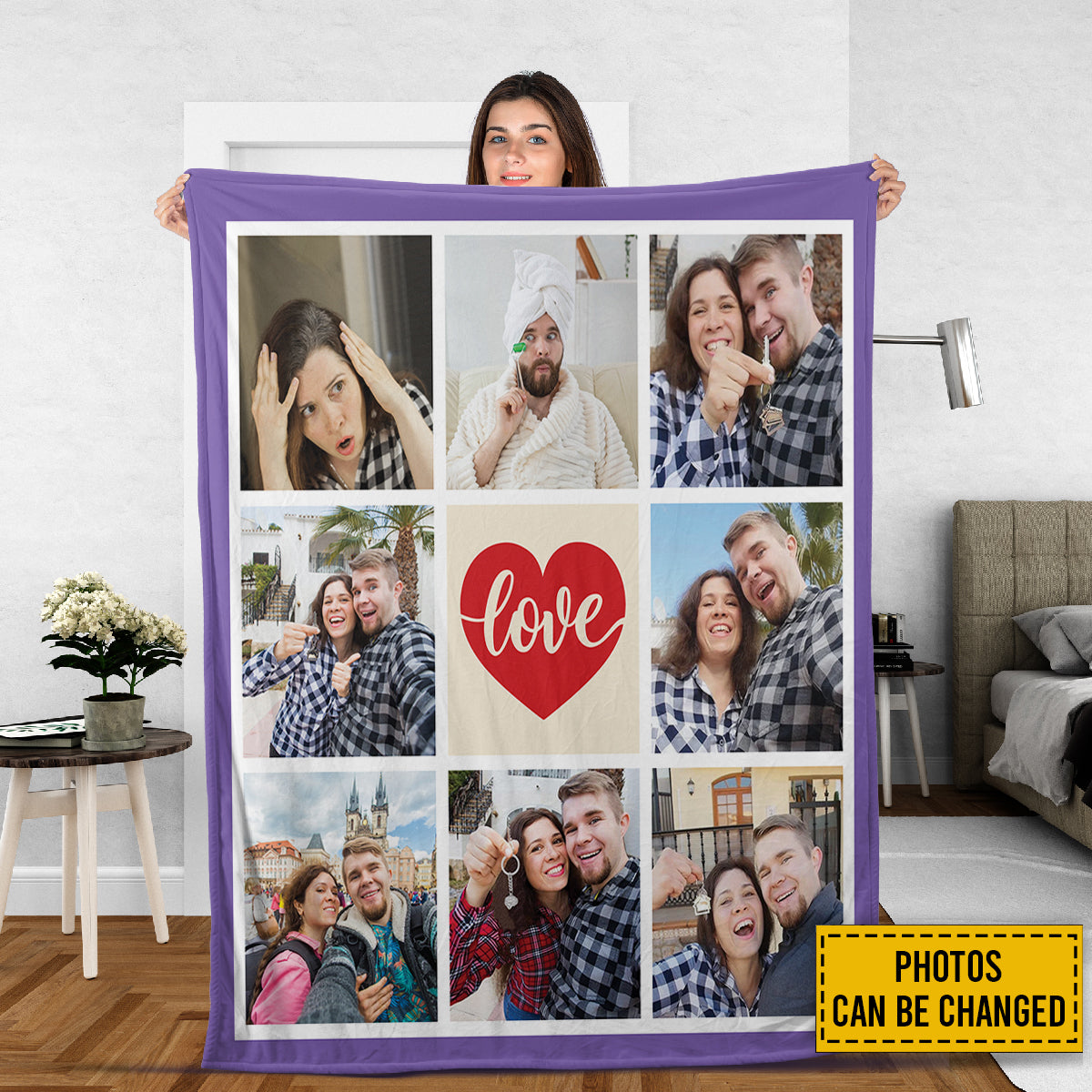 Teesdily | Love Customized Blanket With Picture Collage Keepsake Throw Christmas Xmas Birthday Anniversary Wedding Valentines Gift For Family Friends