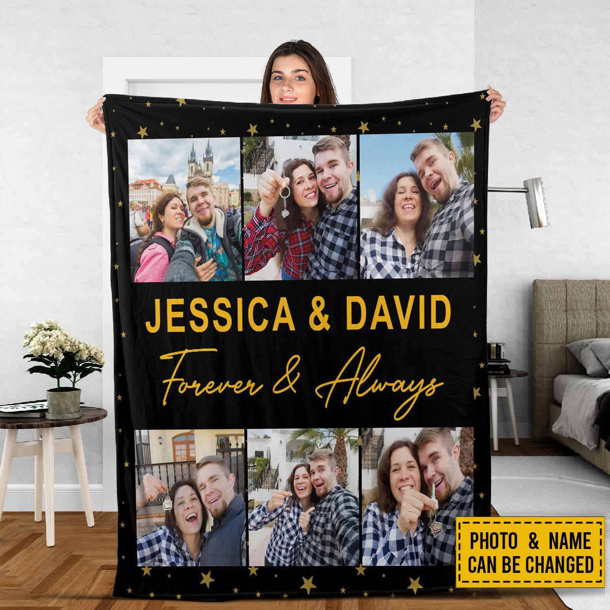 Teesdily | Couple Personalized Throw Blanket With Photo Collage Couple Customized Name Forever And Always Travel Blanket Love Anniversary Gifts