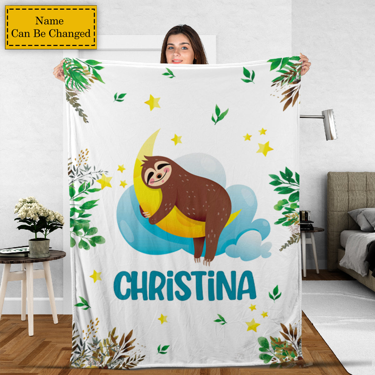 Teesdily | Customized Name Cartoon Sloth Moon Blanket For Women Girls Chibi Sloth Winter Fleece Blanket Throw Cute Gift Blankets For Adults Kids