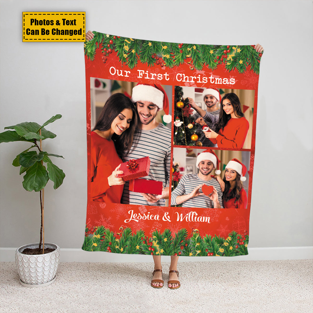 Teesdily | Customized Photo Couple Fleece Blanket Our First Christmas Sofa Blankets Christmas Custom Gift For Lover Love Anniversary Keepsake