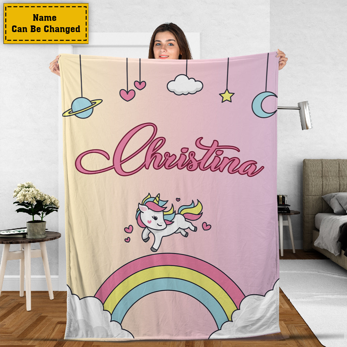 Teesdily | Unicorn Cartoon Customized Name Rainbow Fleece Blanket Unicorn Cute Kid Blanket Name Blankets For Boys Girls Baby Bed Sofa Room Decoration