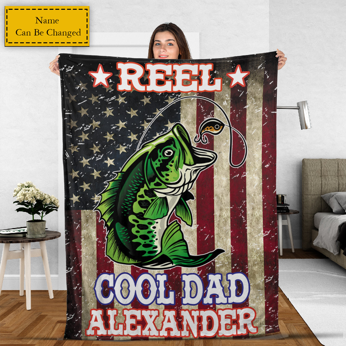 Teesdily | Fishing Dad Customized Fleece Blanket Reel Cool Dad Soft Sofa Blanket Grunge American Flag Fleece Blankets American Fishing Lover Gifts