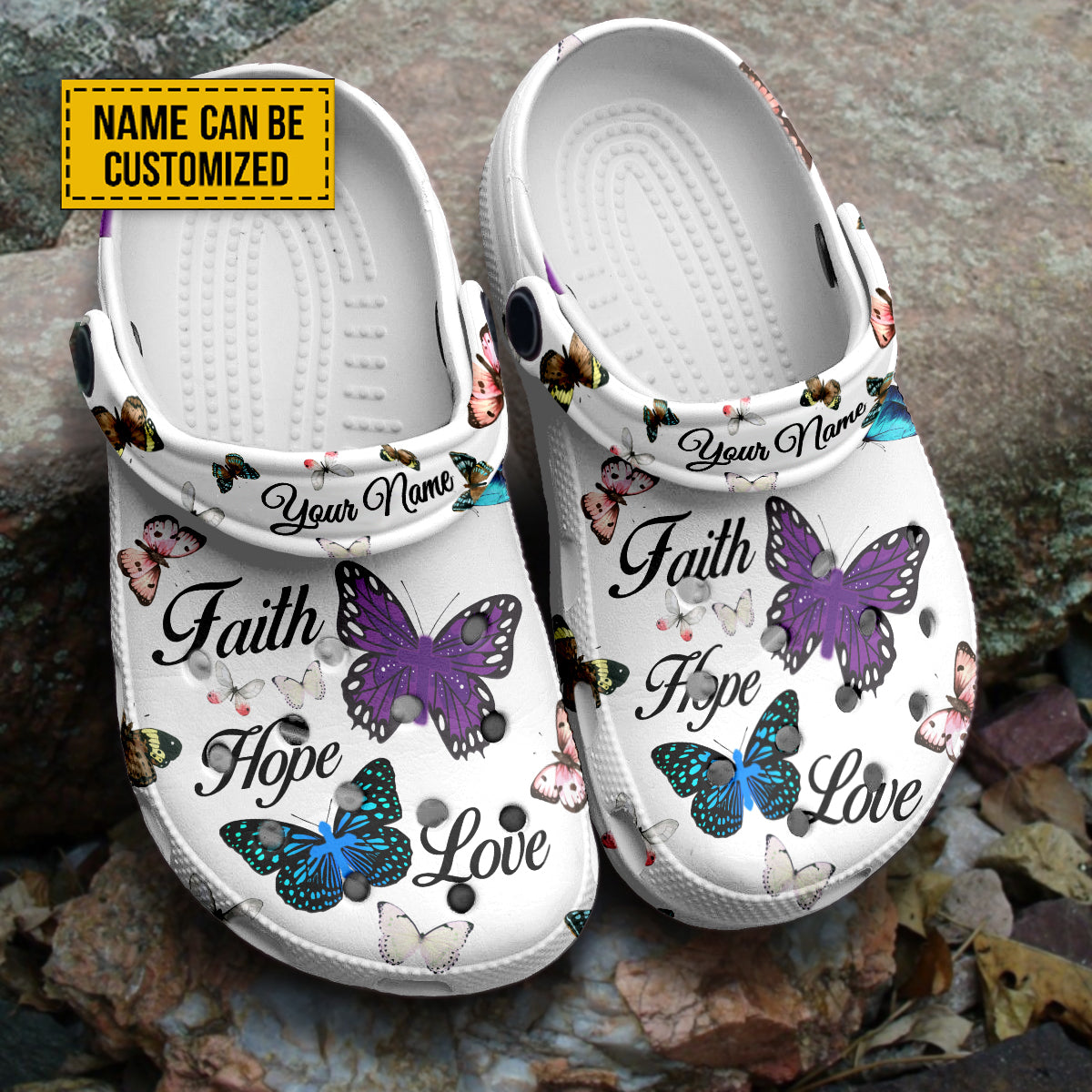 Teesdily | Faith Hope Love Butterfly And Cross Customized Clog Shoes, Gift For Jesus Lovers, Butterfly Lovers, Kid & Adult Eva Clogs