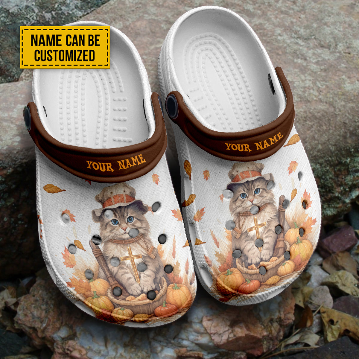 Teesdily | Cat With Pumpkin And Cross Customized Clogs Shoes, Gift For Jesus Lovers, Cat Lovers, God Faith Believers, Christian Gifts, Kid & Adult Unisex Clogs Shoes Eva