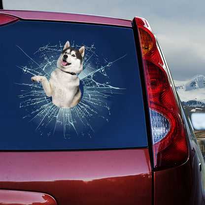 Teesdily | Siberian Husky Cute Dog Car Sticker Husky Cracked Hole Print Decals Stickers For Cars Dog Lovers