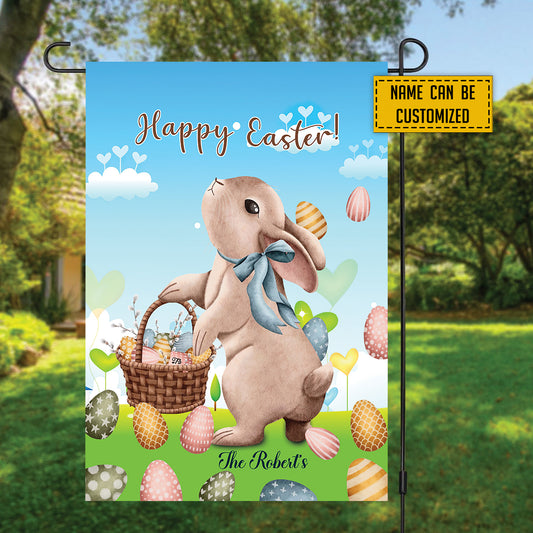 Teesdily | Bunny Happy Easter Flag Customized Name House Flag Cartoon Rabbit Easter Eggs Garden Outdoor Garden Flag Holiday Home Decoration