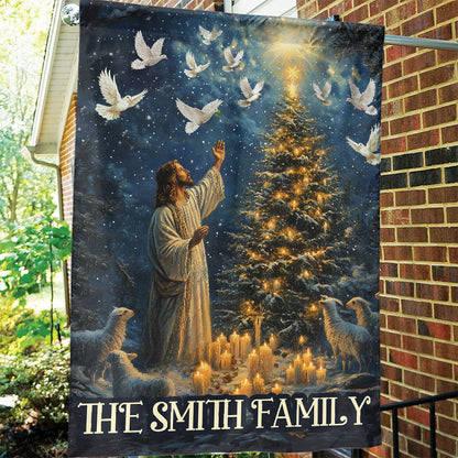 Teesdily | Custom Jesus Lamb Christmas Tree Garden Flag, Jesus Christ Candle Light Bird House Flag, Christmas Gift Religious