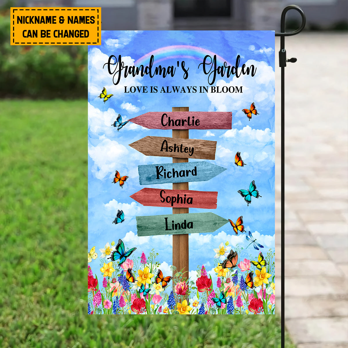 Teesdily | Customized Grandma Outdoor Garden Flag With Kids Name Love Is Always In Bloom Flag Mimi's Garden House Flag Mother's Day Outdoor Home Decor