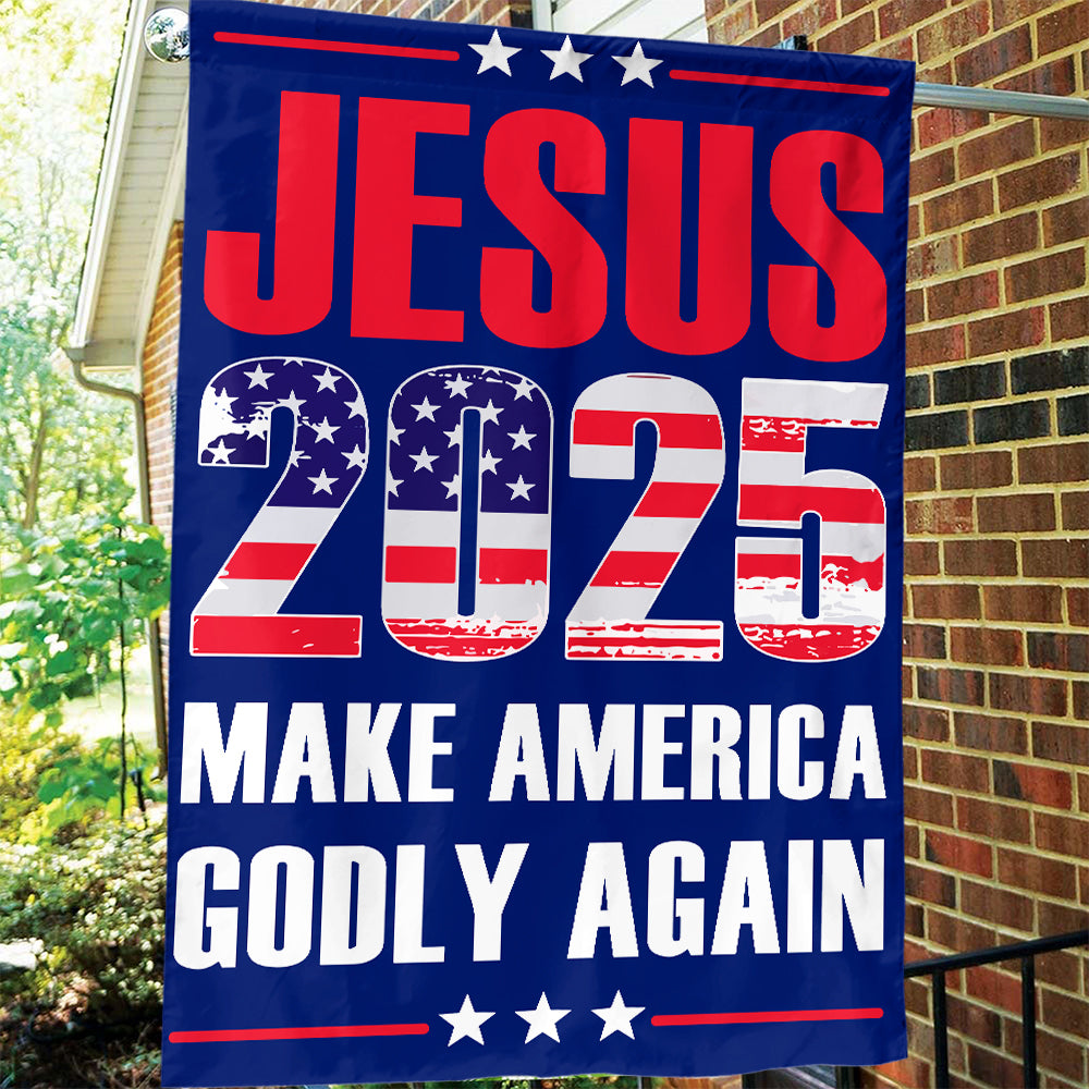 Teesdily | Jesus American Flag, Jesus 2024 Make America Godly Again House Garden Flag, Patriotic Flags, Independence Day Outdoor Decor Gifts