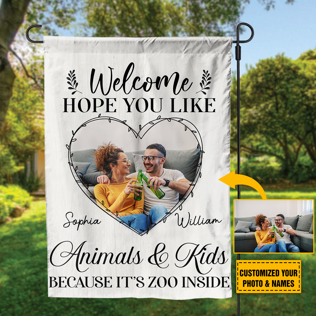 Teesdily | Couple Custom Photo Garden Flag Welcome Hope You Like Animals And Kids House Flag Couple Family Home Garden Flag Outdoor Decoration