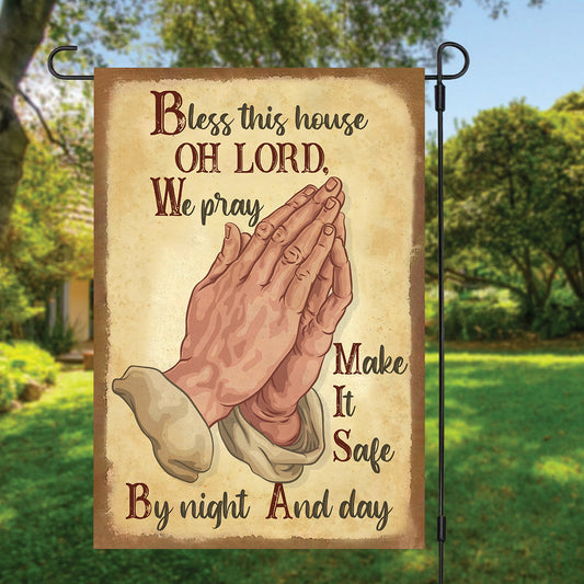 Teesdily | Jesus Christian Hand Pray Flag Bless This House By Night And Day Garden Flag Vintage Outdoor Decor Christian Gifts