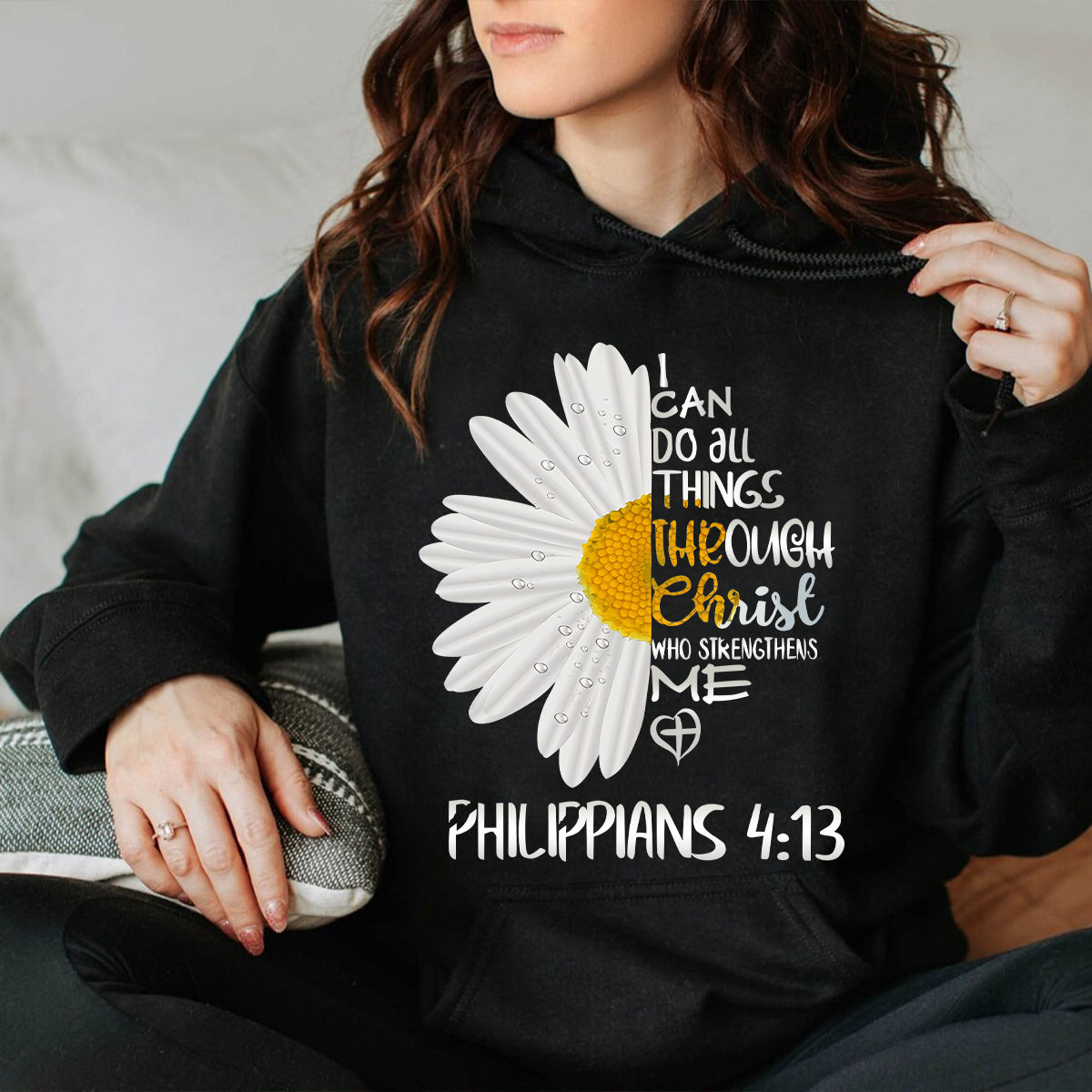 Teesdily | Jesus Christ Daisy Womens Tops, I Can Do All Things Through Christ Sweatshirt Hoodie Mug, God Bible Verse Graphic Tee, Christian Gift Ideas