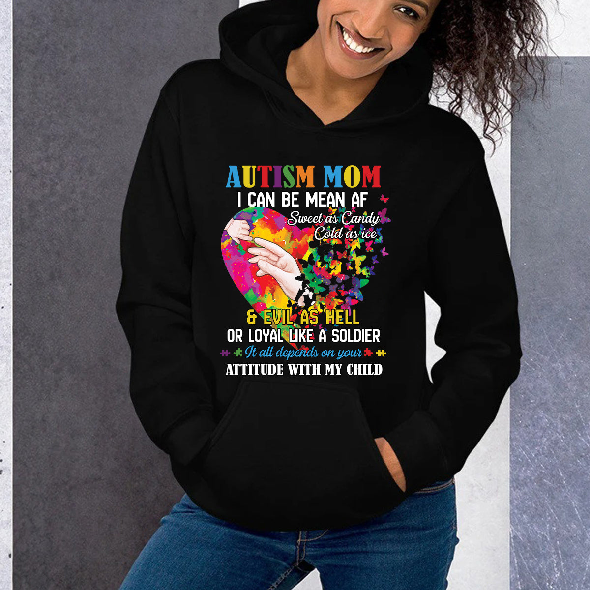 Teesdily | Autism Awareness Shirt, Autism Mom Hoodie Sweatshirt Mug, It All Depends On Your Attitude With My Child, Autism Mom Pride, Autistic Gifts