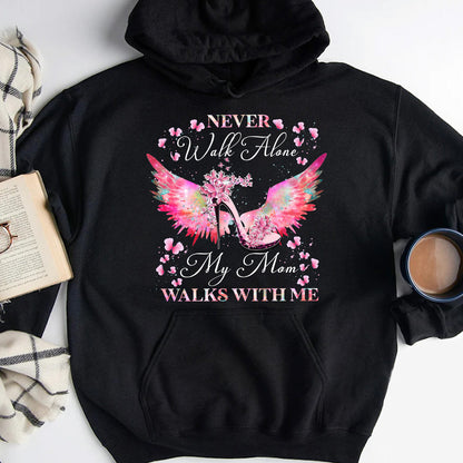 Teesdily | Mom Memorial Shirt, Never Walk Alone My Mom Walks With Me Tee, Mom Flamingo Tshirt Unisex Tshirt Hoodie Sweatshirt Size S-5XL / Mug 11-15Oz