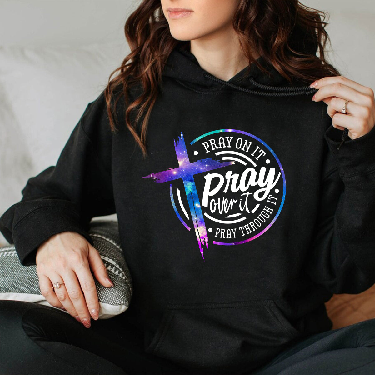 Teesdily | Jesus Christ Cross Tshirt Pray On It Pray Through It Pray Over It Sweatshirt Hoodie Mug Bible Verse Shirt Faith Clothing Church Tee Gifts