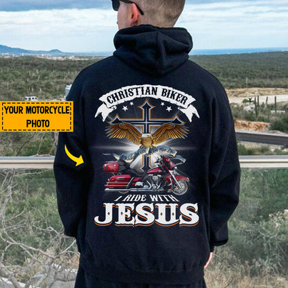 Teesdily | Personalized Motorcycle Photo Shirt, Christian Biker Shirt, I Ride With Jesus Hoodie Sweatshirt Mug, Motorcycle Gifts