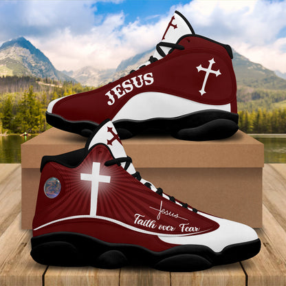 Teesdily | Jesus Faith Over Fear Basketball Shoes, Jesus Basketball Shoes Red Design, Gift For Jesus Lovers, Christian Gifts Unisex Basketball Shoes