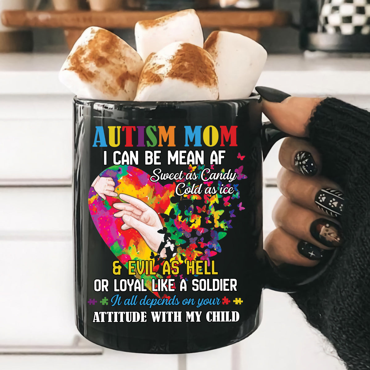 Teesdily | Autism Awareness Shirt, Autism Mom Hoodie Sweatshirt Mug, It All Depends On Your Attitude With My Child, Autism Mom Pride, Autistic Gifts