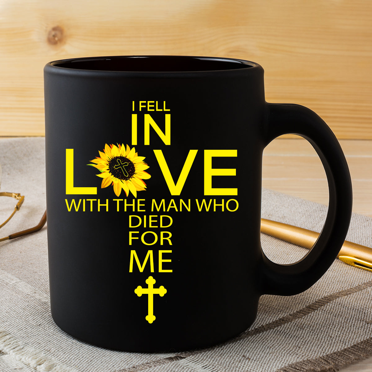 Teesdily | Jesus Christian Cross Sunflower Tshirt, I Fell In Love With The Man Who Died For Me Sweatshirt Hoodie Mug, Gift For Women In Faith