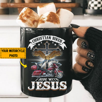 Teesdily | Personalized Motorcycle Photo Shirt, Christian Biker Shirt, I Ride With Jesus Hoodie Sweatshirt Mug, Motorcycle Gifts