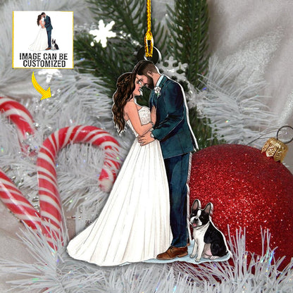 Teesdily | Customized Photo Bride And Groom Christmas Ornament First Christmas Married Ornament Newlywed Gift For Christmas Custom Photo Car Ornament