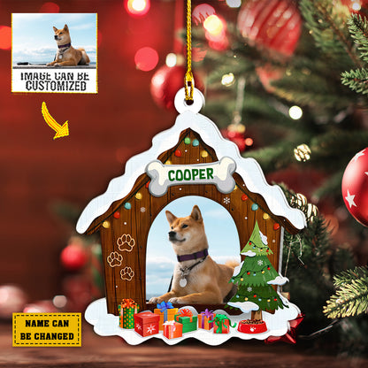 Teesdily | Dog Christmas Wood House Shape Ornament Customized Picture Dog Pet Personalized 2D Ornament Dog First Christmas Ornament Memory Keepsake