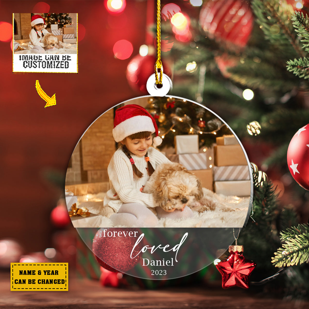 Teesdily | Christmas Keepsake Customized Photo Ornament Forever Loved Christmas Tree Ornament Pet Owner Christmas Car Hanging Xmas Gifts