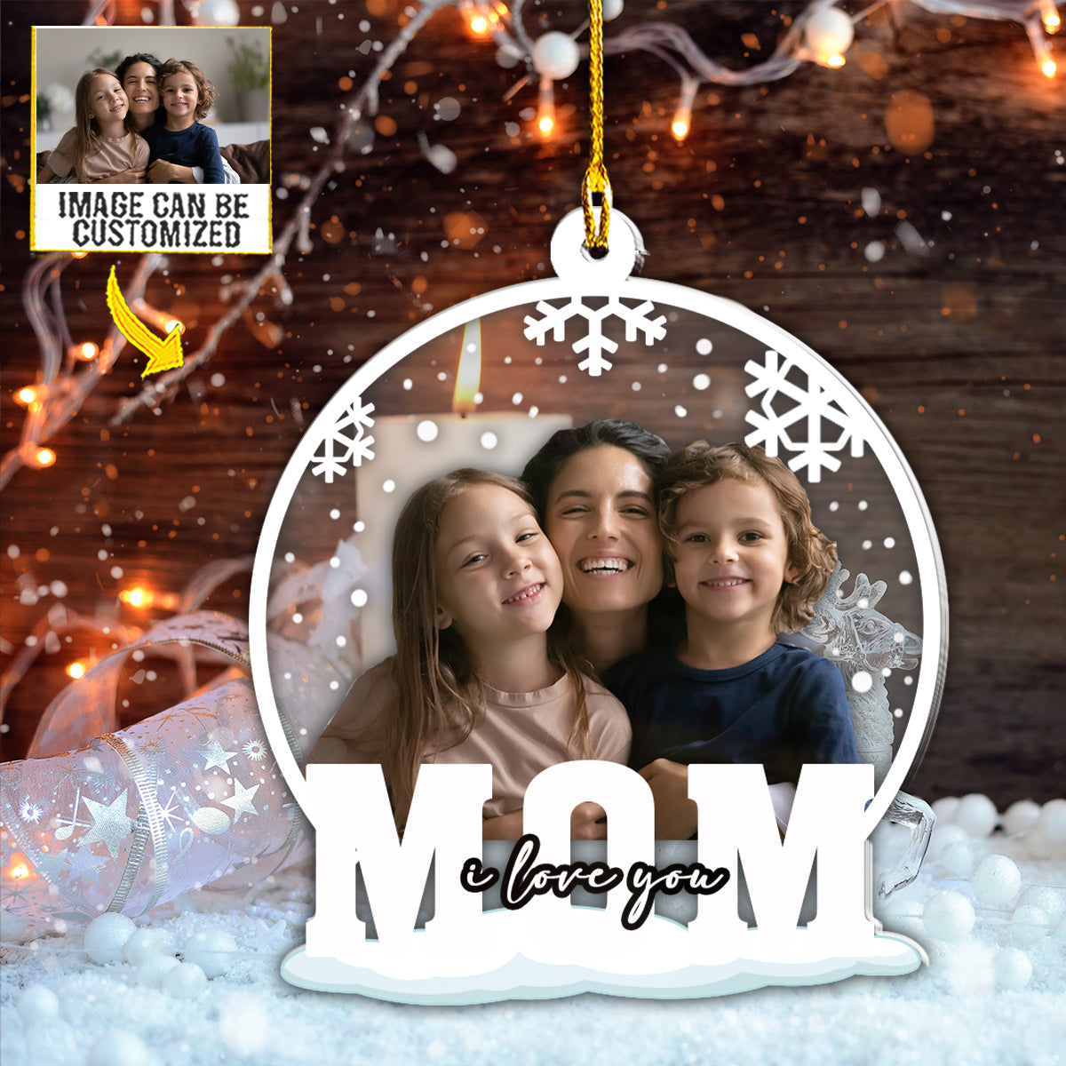 Teesdily | Customized Mom Christmas Car Pendant Hanging Mom I Love You Rearview Mirror Charms Xmas Snowflake Print Christmas Tree Hanging Decoration