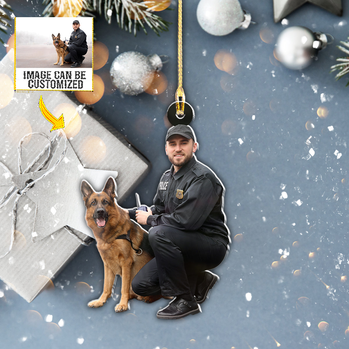 Teesdily | Customized Police Officer And German Shepherd Dog Car Hanging Ornament Custom Ornament From Photo Police Christmas Gifts