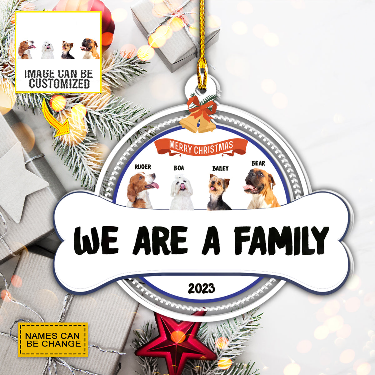 Teesdily | Personalized Dog Merry Christmas Car Charms We Are Family Dog Bone Interior Accessories For Auto Holiday Custom Pet Ornament Pet Owner Gift