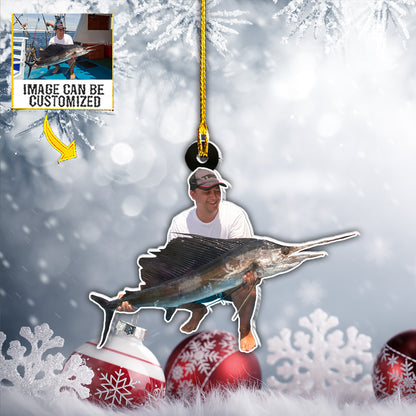 Teesdily | Customized Photo Fishing Christmas Ornament Fisherman Ornament Christmas Vacation Fishing Lovers Gifts Custom Photo Christmas Ornaments