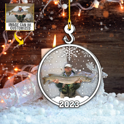 Teesdily | Fisherman Customized Car Pendant Hanging With Photo Snowflake Christmas Decorations For Home Memory Keepsake Christmas Gifts Xmas Decor