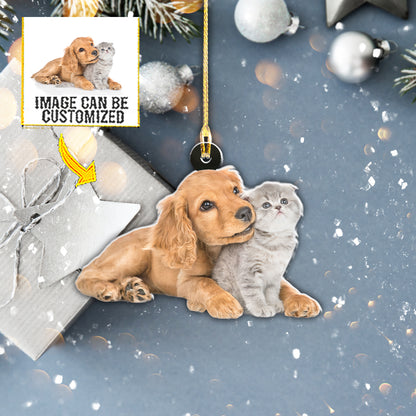 Teesdily | Golden Retriever And Car Customized Christmas Ornament Pet Lover Hanging Ornament Personalized Photo Ornaments 2 Sided Pet Owner Gifts