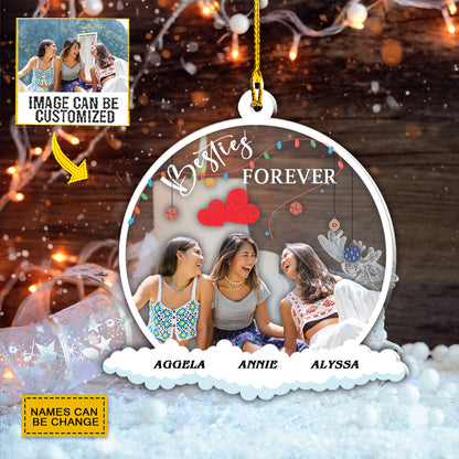 Teesdily | Besties Forever Personalized Photo Rear View Mirror Charm Christmas Bff Car Pendant Hanging Friend Christmas Keepsake Gifts Xmas Tree Decor