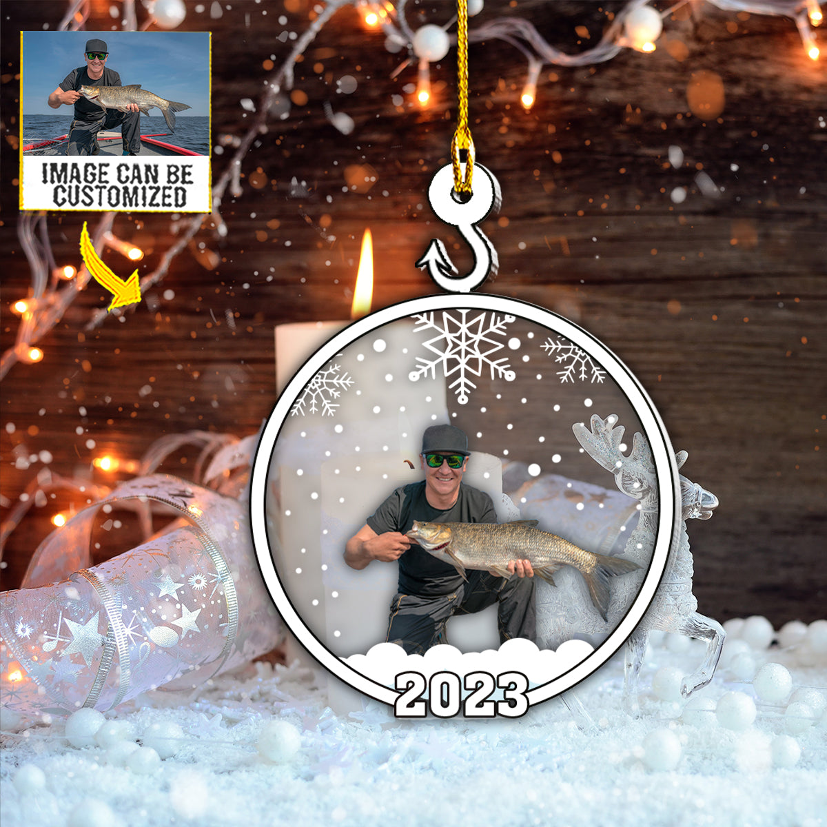 Teesdily | Fisherman Personalized Rear View Mirror Hanging With Photo Snowflake Christmas Decorations For Home Memory Keepsake Christmas Gifts