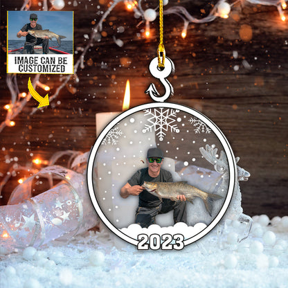 Teesdily | Fisherman Personalized Rear View Mirror Hanging With Photo Snowflake Christmas Decorations For Home Memory Keepsake Christmas Gifts