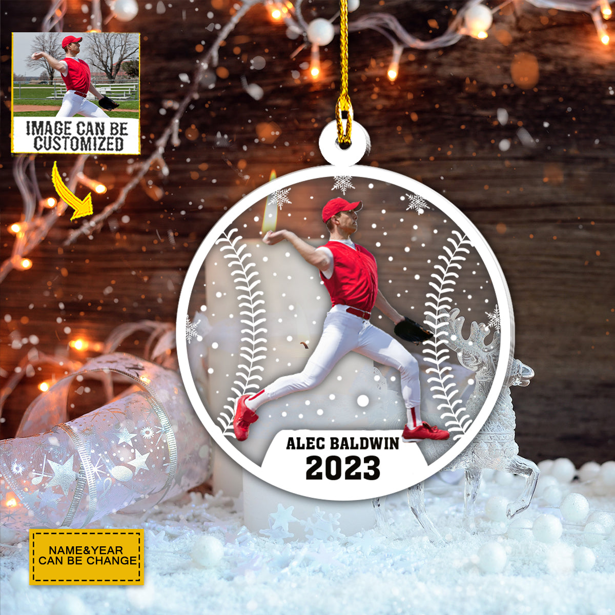 Teesdily | Baseball Player Personalized Car Hanging Ornament With Picture Softball Christmas Snowflake Rear View Mirror Hanging Sport Lover Gifts