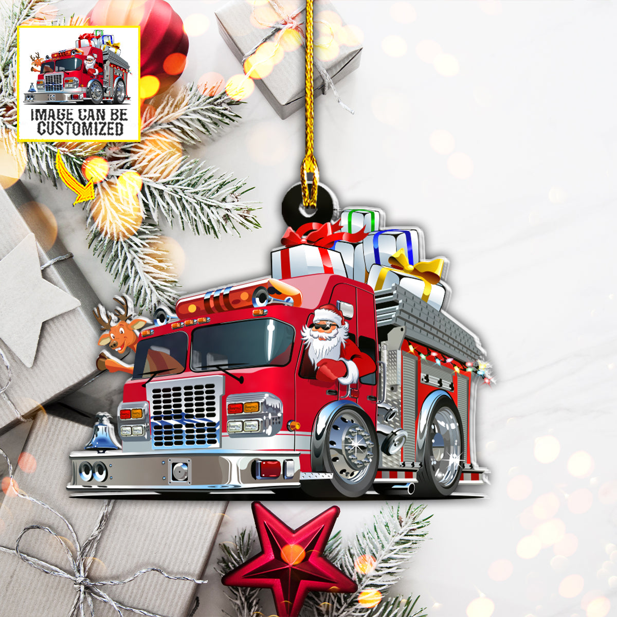 Teesdily | Customized Photo Santa Claus Driver Car Pendant Hanging Red Truck Christmas Car Charms Fire Truck Ornament Firefighter Fireman Gifts