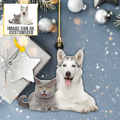 Teesdily | Customized Funny Shorthair Cat And Husky Pets Hanging Ornament Dogs Cat Pet Lover Gift Christmas Home Decor Custom Picture Car Ornament