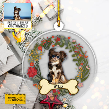 Teesdily | Personalized Pet Photo Rear View Mirror Hanging Pet Christmas Wreath Rear View Mirror Charm Christmas Tree Decoration Dog Lover Gifts