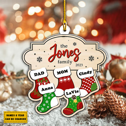 Teesdily | Family Personalized Name Christmas Stocking Ornament Family Custom Rear View Mirror Hanging Family Christmas Tree Decoration Gifts