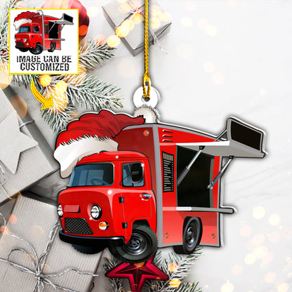 Teesdily | Customized Photo Christmas Red Truck Car Pendant Hanging Truck Driver Xmas Car Charms Custom Photo Ornaments Christmas Gift For Truckers