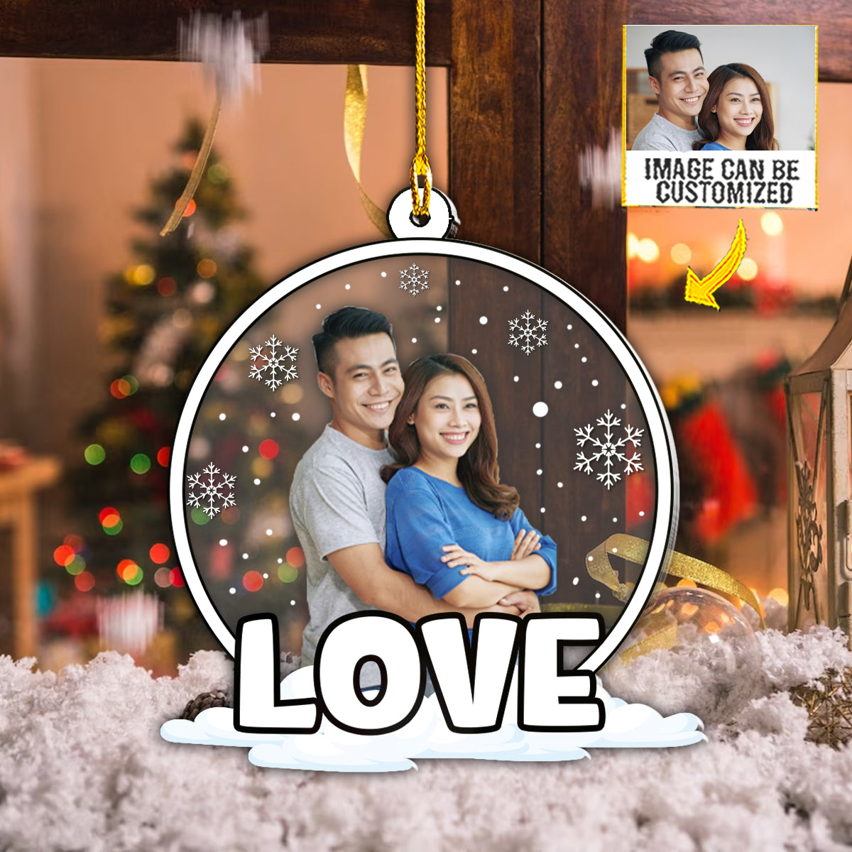 Teesdily | Customized Couple Photo Plastic Hanging Ornament Couple Love Rear View Mirror Accessories Personalized Gift For Couple Xmas Decor