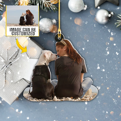 Teesdily | Customized Woman And Her Dog Christmas Hanging Ornament Dogs Owner Gift Christmas Decoration Puppy Lover Gifts Personalized Photo Ornament