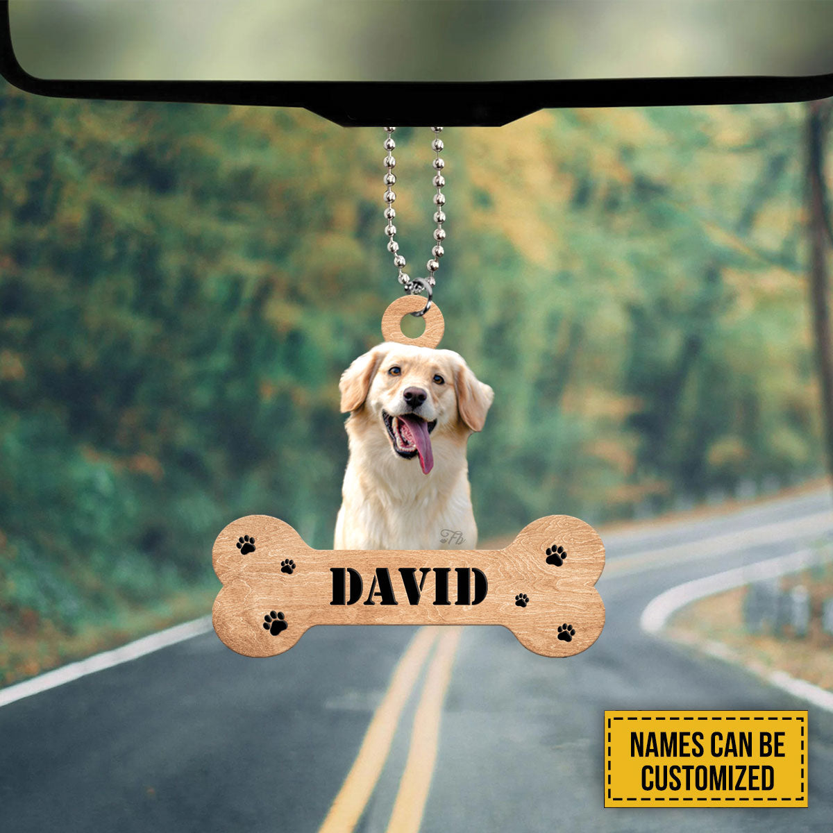 Teesdily | Pet Custom Photo Acrylic Car Pendant Hanging Cute Dog Bone Wood Print Car Ornament Personalized Gift For Pet Owners Christmas Tree Decor