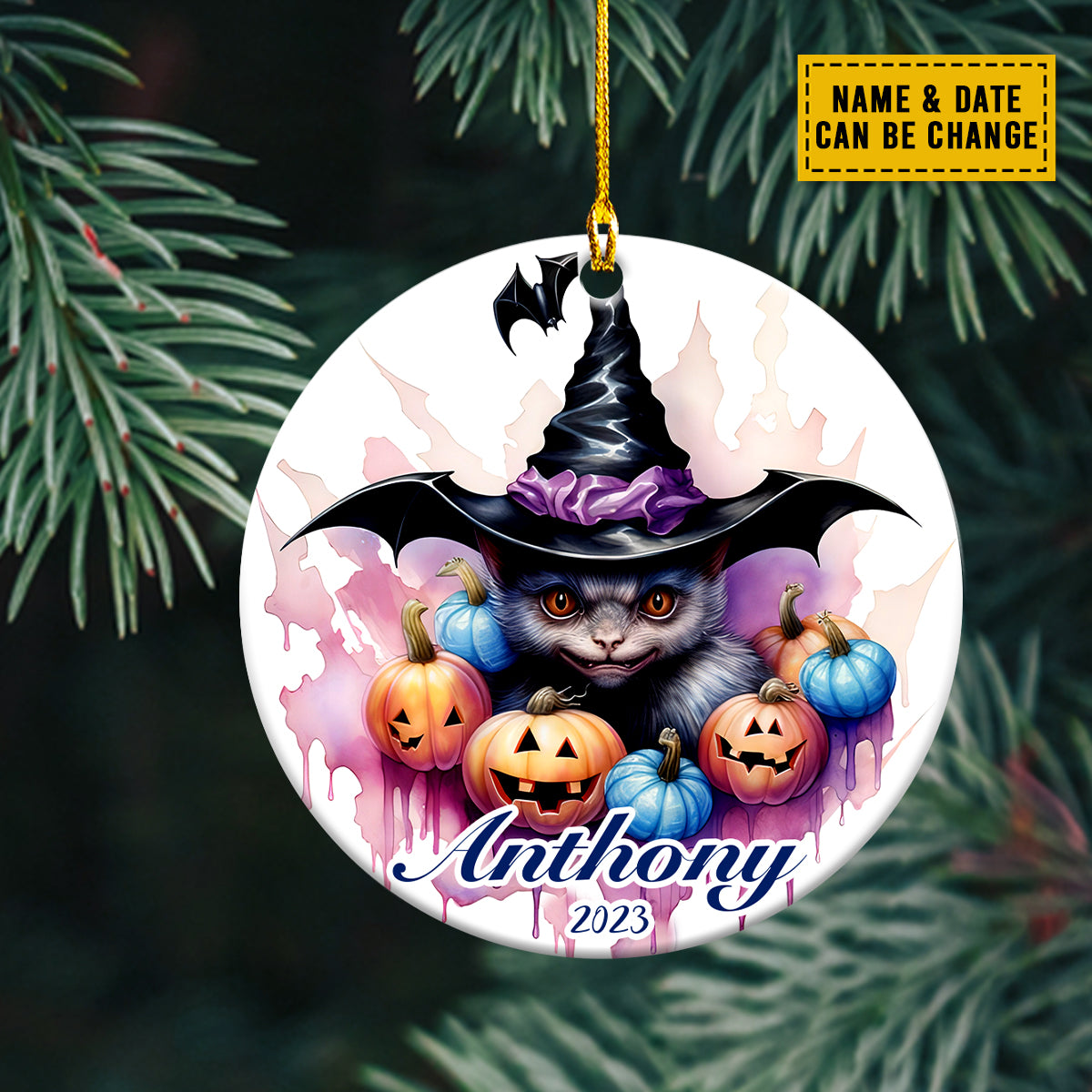 Teesdily | Customized Name Witch Cat Rear View Mirror Hanging Halloween Cat Pumpkin Ornament Halloween Decoration Gift For Cat Lovers