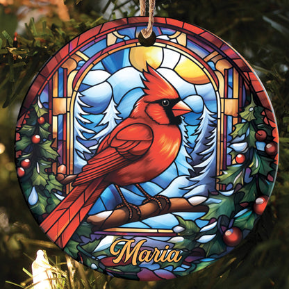 Teesdily | Personalized Cardinal Bird Stained Glass Art Design Circle Ceramic Ornament, Jesus Lovers Gifts, Christian Christmas Gifts, Xmas Decor