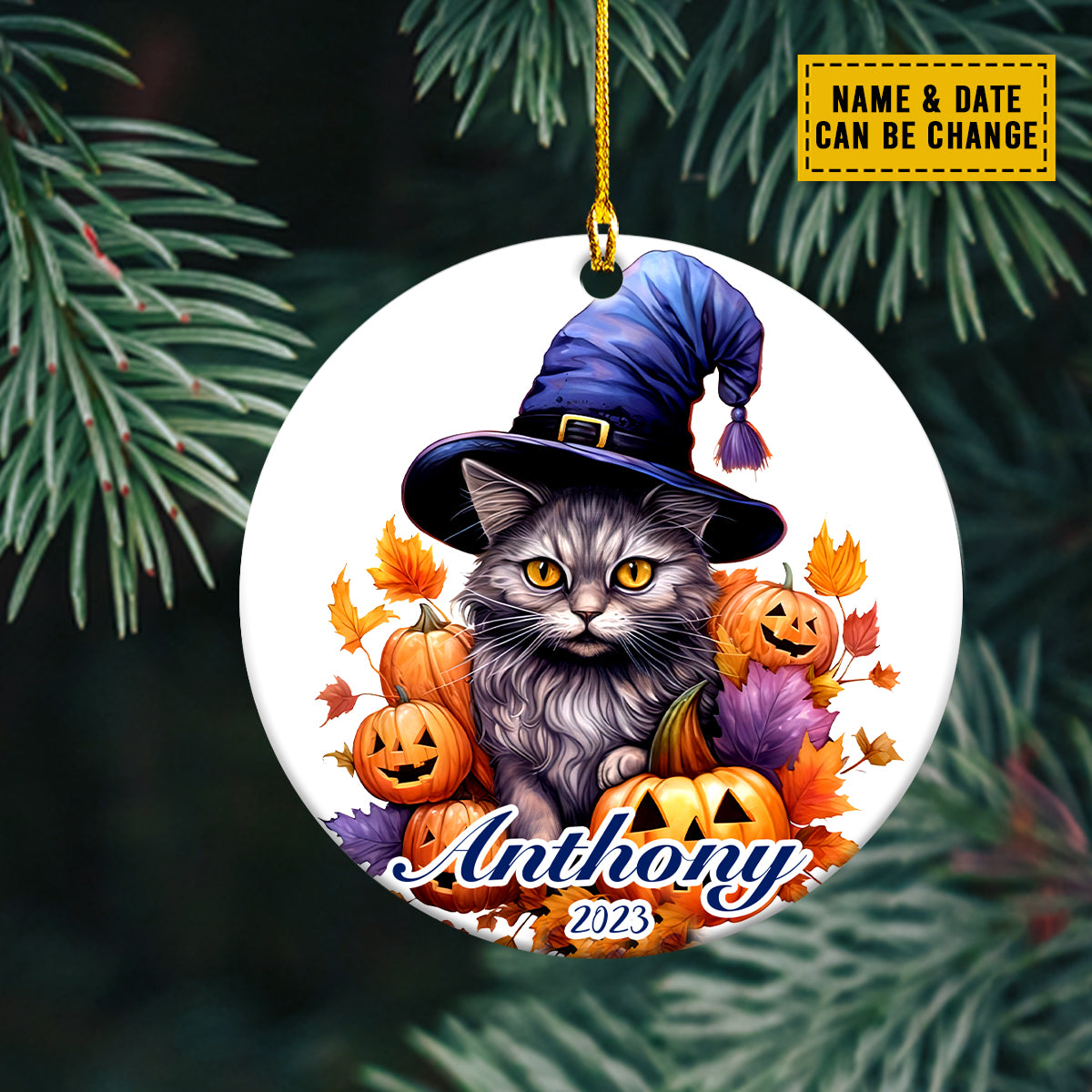 Teesdily | Customized Name Cat Witch Pumpkin Halloween Ornament Halloween Decoration Cat Lover Halloween Gift Fun Car Decoration