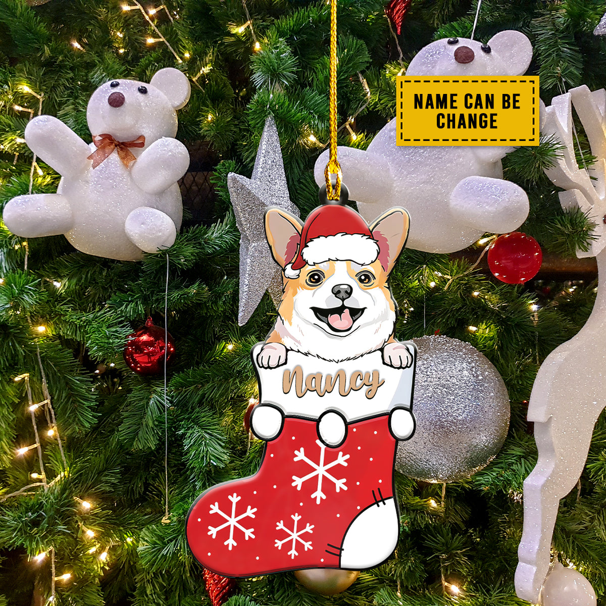 Teesdily | Personalized Corgi Dog Christmas Rear View Mirror Hanging Corgi Christmas Stocking Christmas Tree Ornament Corgi Mom Dad Christmas Decor