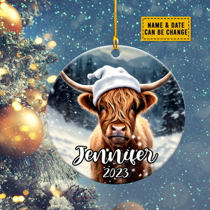 Teesdily | Customized Name Christmas Cow Ornament Cow Cattle Car Pendant Hanging Christmas Decoration Gift For Cow Lovers Farmer Farm Life